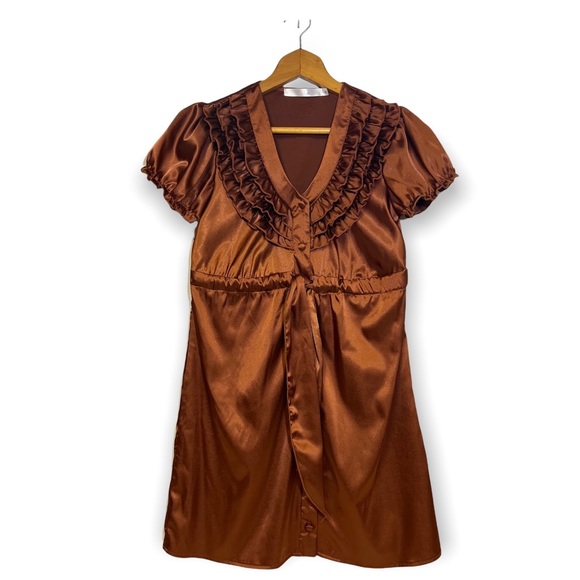 25Singles Brown Satin Ruffle Front Dress SZ S - Picture 1 of 10